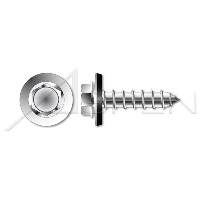 (60 pcs) #14 X 1, Self-Tapping Sheet Metal Screws, Type A, Hex Indented Washer Head with Sealing Washer, AISI 316 Stainless Steel