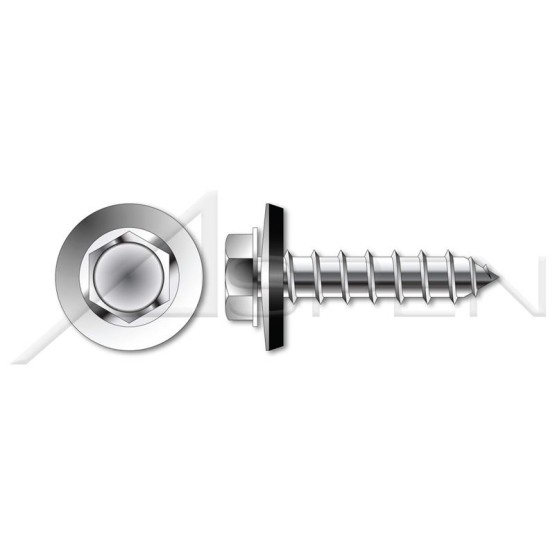 (60 pcs) #14 X 1, Self-Tapping Sheet Metal Screws, Type A, Hex Indented Washer Head with Sealing Washer, AISI 316 Stainless Steel