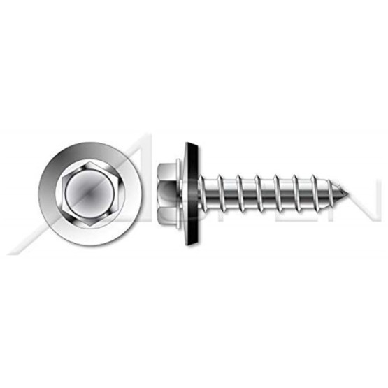 (60 pcs) #14 X 1, Self-Tapping Sheet Metal Screws, Type A, Hex Indented Washer Head with Sealing Washer, AISI 316 Stainless Steel