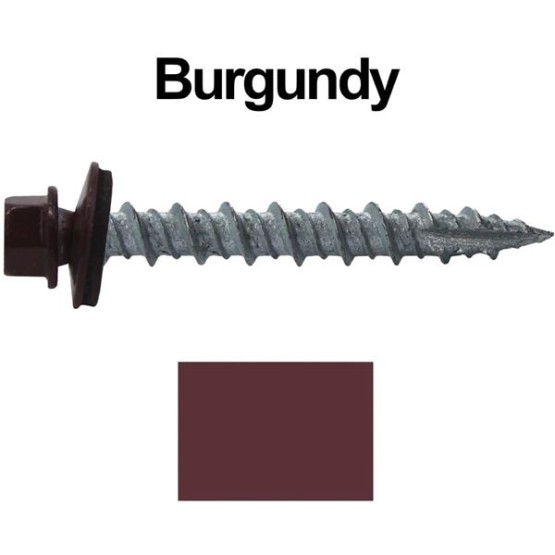 Metal Roofing Screws: (1000) 10 x 1-1/2" Burgundy Hex Head Sheet Metal Roof Screw. Self Starting Metal to Wood siding Screws. EPDM Washer. Colored Head