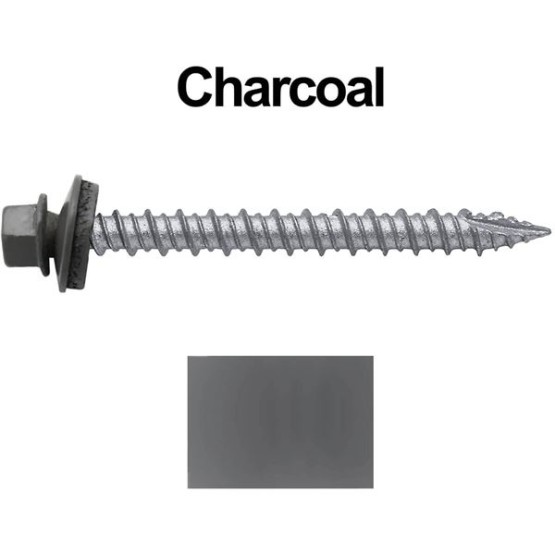Metal ROOFING SCREWS: (750) 10 x 2" Charcoal Hex Head Sheet Metal Roof Screw. Self starting metal to wood siding screws. EPDM washer. Colored head