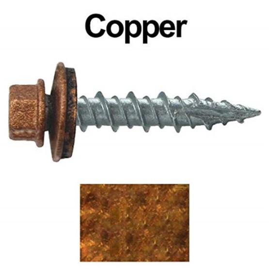 Metal Roofing Screws: (1000) 10 x 1 Copper Hex Head Sheet Metal Roof Screw. Self Starting Metal to Wood siding Screws. EPDM Washer. Colored Head
