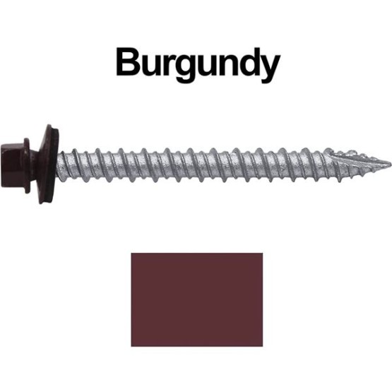 Metal ROOFING SCREWS: (750) 10 x 2" Burgundy Hex Head Sheet Metal Roof Screw. Self starting metal to wood siding screws. EPDM washer. Colored head