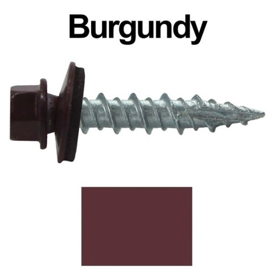Metal Roofing Screws: (1000) 10 x 1 Burgundy Hex Head Sheet Metal Roof Screw. Self Starting Metal to Wood siding Screws. EPDM Washer. Colored Head