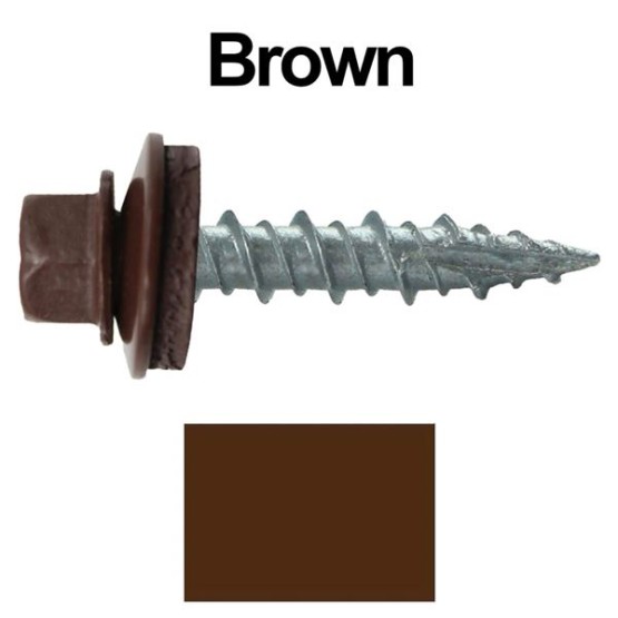 Metal Roofing Screws: (1000) 10 x 1 Brown Hex Head Sheet Metal Roof Screw. Self Starting Metal to Wood siding Screws. EPDM Washer. Colored Head