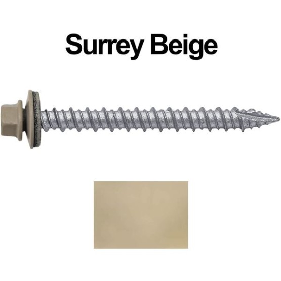 Metal ROOFING SCREWS: (750) 10 x 2" Surrey Beige Hex Head Sheet Metal Roof Screw. Self starting metal to wood siding screws. EPDM washer. Colored head