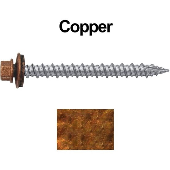 Metal ROOFING SCREWS: (750) 10 x 2" Copper Hex Head Sheet Metal Roof Screw. Self starting metal to wood siding screws. EPDM washer. Colored head