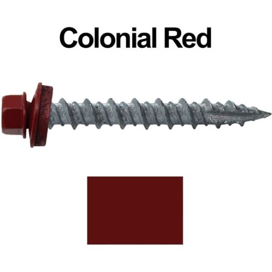 Metal Roofing Screws: (1000) 10 x 1-1/2" Colonial Red Hex Head Sheet Metal Roof Screw. Self Starting Metal to Wood siding Screws. EPDM Washer. Colored Head