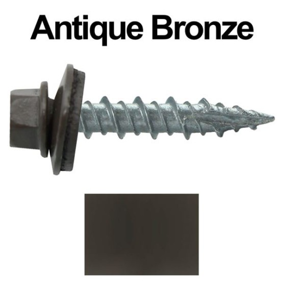 Metal Roofing Screws: (1000) 10 x 1 Antique Bronze Hex Head Sheet Metal Roof Screw. Self Starting Metal to Wood siding Screws. EPDM Washer. Colored Head