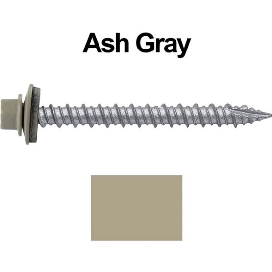 Metal ROOFING SCREWS: (750) 10 x 2" Ash Gray Hex Head Sheet Metal Roof Screw. Self starting metal to wood siding screws. EPDM washer. Colored head