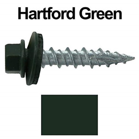 Metal Roofing Screws: (1000) 10 x 1 Hartford Green Hex Head Sheet Metal Roof Screw. Self Starting Metal to Wood siding Screws. EPDM Washer. Colored Head