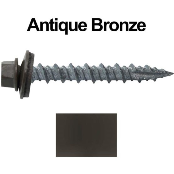 Metal Roofing Screws: (1000) 10 x 1-1/2" Antique Bronze Hex Head Sheet Metal Roof Screw. Self Starting Metal to Wood siding Screws. EPDM Washer. Colored Head