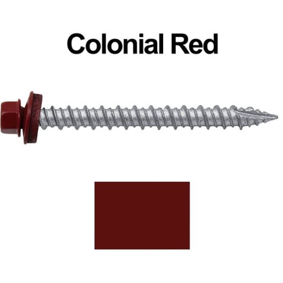 Metal ROOFING SCREWS: (750) 10 x 2" Colonial Red Hex Head Sheet Metal Roof Screw. Self starting metal to wood siding screws. EPDM washer. Colored head