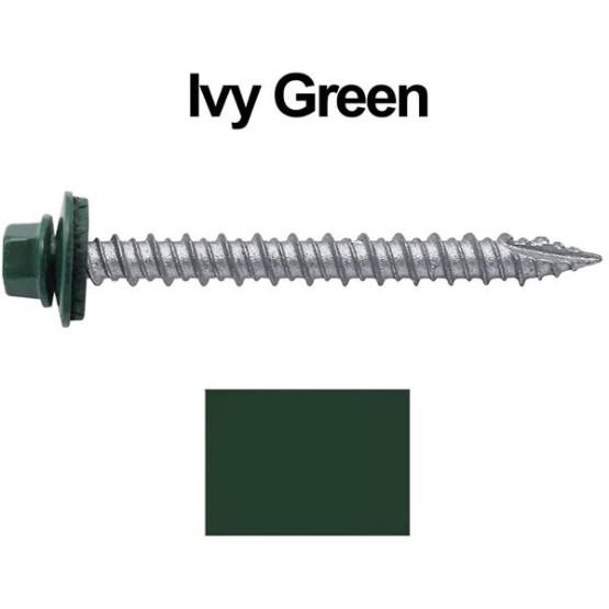 Metal ROOFING SCREWS: (750) 10 x 2" Forest/Ivy Green Hex Head Sheet Metal Roof Screw. Self starting metal to wood siding screws. EPDM washer. Colored head