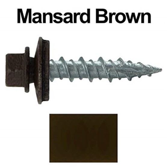 Metal Roofing Screws: (1000) 10 x 1 Mansard Brown Hex Head Sheet Metal Roof Screw. Self Starting Metal to Wood siding Screws. EPDM Washer. Colored Head
