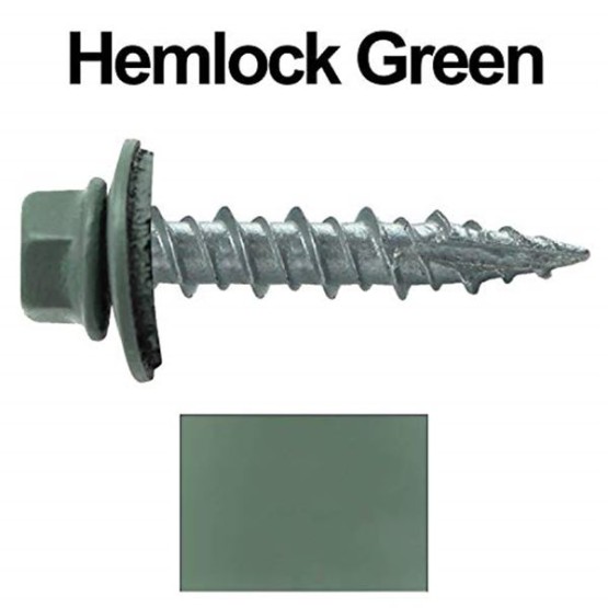Metal Roofing Screws: (1000) 10 x 1 Hemlock Green Hex Head Sheet Metal Roof Screw. Self Starting Metal to Wood siding Screws. EPDM Washer. Colored Head