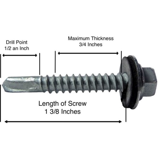 #12x1-1/2" Metal to Metal Type #3 GALVANIZED/ZINC Hex Head Drill Point Metal to Metal Roofing Screws. 9/16" EPDM Washer