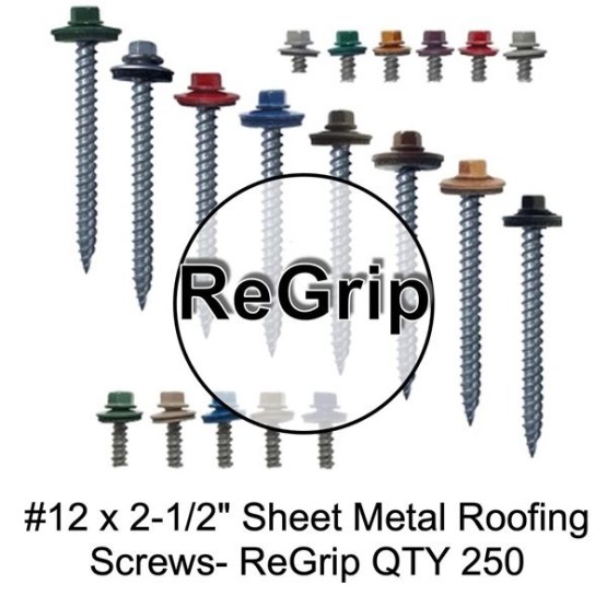 Metal ROOFING SCREWS: (250) 12 x 2-1/2" GALVANIZED/ZINC Hex ReGrip Head Sheet Metal Roof Screw. Sharp Point metal to wood siding screws. EPDM washer. Colored head