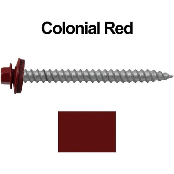 Metal Roofing Screws: (250) 12 x 2-1/2" Colonial RED Hex Head Sheet Metal Roof Screw. Sharp Point Metal to Wood siding Screws. EPDM Washer. Colored Head