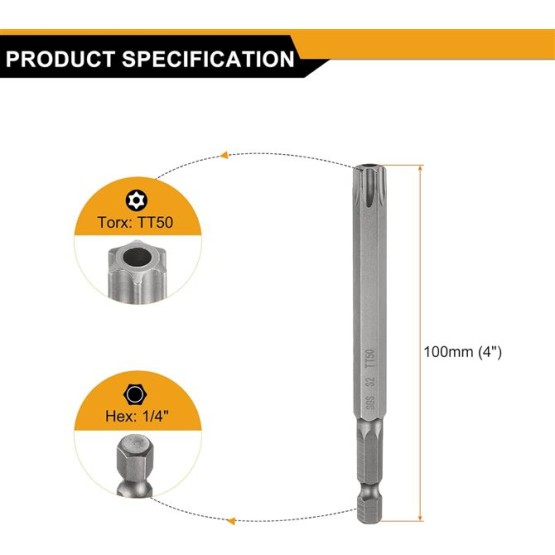 5pcs TT50 Security Torx Head Screwdriver Bit 4" (100mm) Long 1/4" Hex Shank Magnetic Tamper Proof 6 Point Star Screw Driver Drill Bits S2 Steel Hole Tip Industrial Power Tools