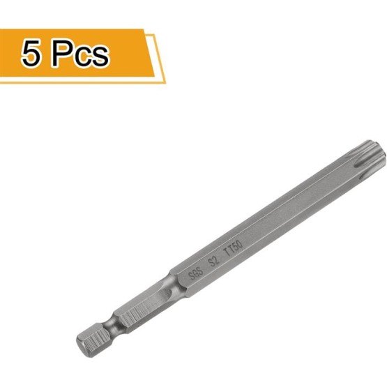 5pcs TT50 Security Torx Head Screwdriver Bit 4" (100mm) Long 1/4" Hex Shank Magnetic Tamper Proof 6 Point Star Screw Driver Drill Bits S2 Steel Hole Tip Industrial Power Tools