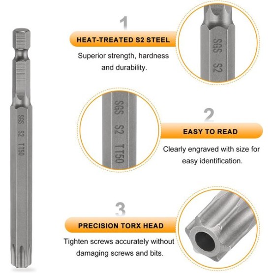 5pcs TT50 Security Torx Head Screwdriver Bit 4" (100mm) Long 1/4" Hex Shank Magnetic Tamper Proof 6 Point Star Screw Driver Drill Bits S2 Steel Hole Tip Industrial Power Tools