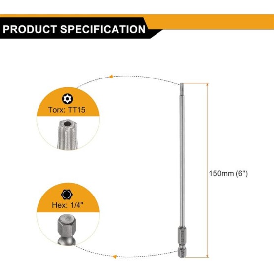 5pcs TT15 Security Torx Head Screwdriver Bit 6" (150mm) Long 1/4" Hex Shank Magnetic Tamper Proof 6 Point Star Screw Driver Drill Bits S2 Steel Hole Tip Industrial Power Tools