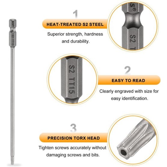 5pcs TT15 Security Torx Head Screwdriver Bit 6" (150mm) Long 1/4" Hex Shank Magnetic Tamper Proof 6 Point Star Screw Driver Drill Bits S2 Steel Hole Tip Industrial Power Tools